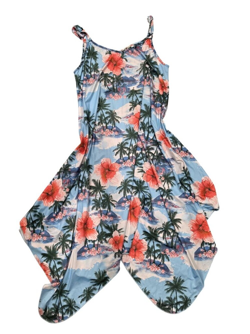 Tropical Floral Handkerchief Hem Sundress Rhinestone Accents By India Boutique M